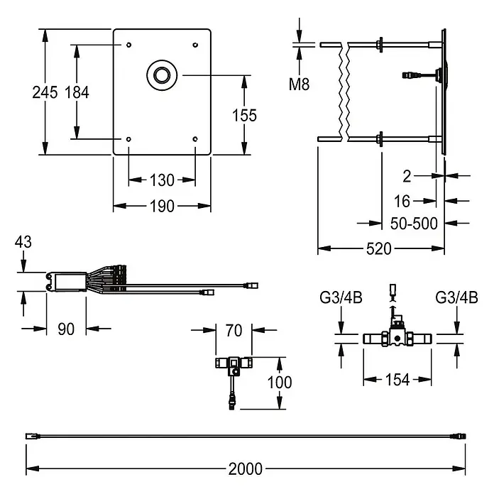 KWC Waschbecken KWC -  - Technische Zeichnung mit Maßen für ein Sanitärsystem, inklusive Bedienfeld, verstellbarer Wandhalterung, G3/4B-Wasseranschlüssen und 2-Meter-Schlauch.