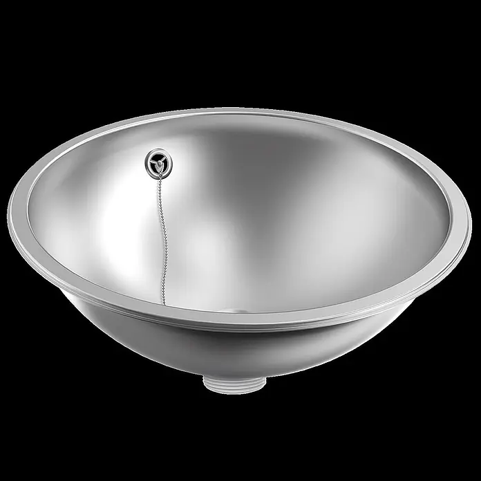 KWC Waschbecken KWC - Mit Überlauf, Silber - Ovales Edelstahl-Waschbecken mit silberner Metalloberfläche, inklusive Abflussstopfen und Kette.