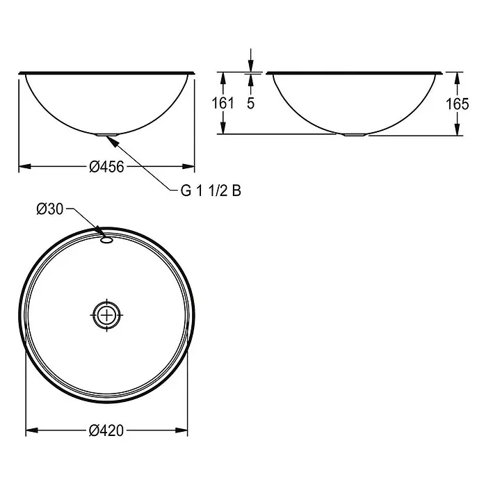 KWC Waschbecken KWC - Mit Überlauf, Silber - Technische Zeichnung eines runden Waschbeckens mit Maßen: 456mm Außendurchmesser, 165mm Höhe und G 1 1/2 B Abfluss. Inklusive Überlaufdetails.
