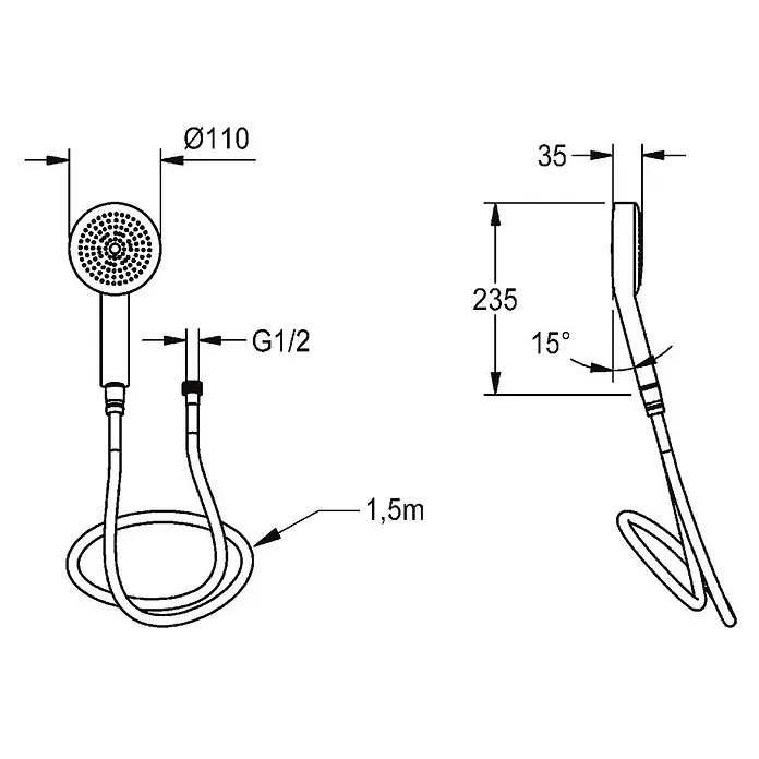 KWC Waschbecken KWC -  - Technische Zeichnung einer Handbrause mit Schlauch, zeigt Maße wie Ø110, 235mm Höhe, 1,5m Schlauch und G1/2 Anschluss.