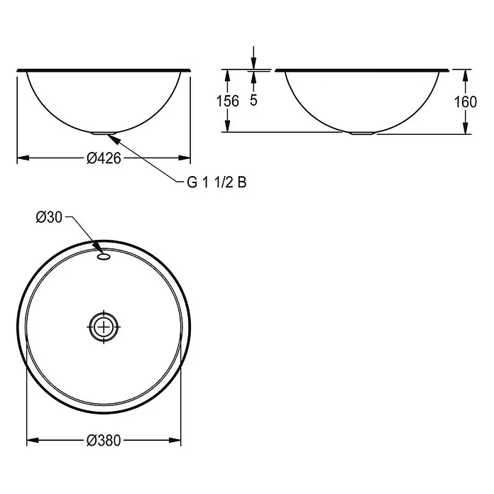 KWC Waschbecken KWC - Edelstahl - Technische Zeichnung eines runden Waschbeckens mit genauen Maßen und einem G 1 1/2 B Ablaufanschluss.