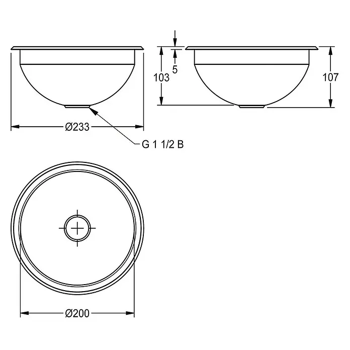 KWC Waschbecken KWC - Ohne Überlauf, Edelstahl - Technische Zeichnung eines runden Beckens mit Maßen: Ø233mm außen, 107mm Höhe und G 1 1/2 B Ablaufanschluss.