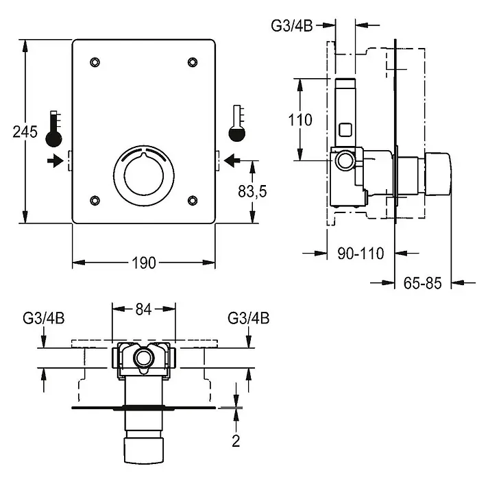 KWC Waschbecken KWC -  - Technische Zeichnung eines Unterputz-Mischers/Thermostats mit G3/4B-Anschlüssen und Einbaumaßen für die Installation.