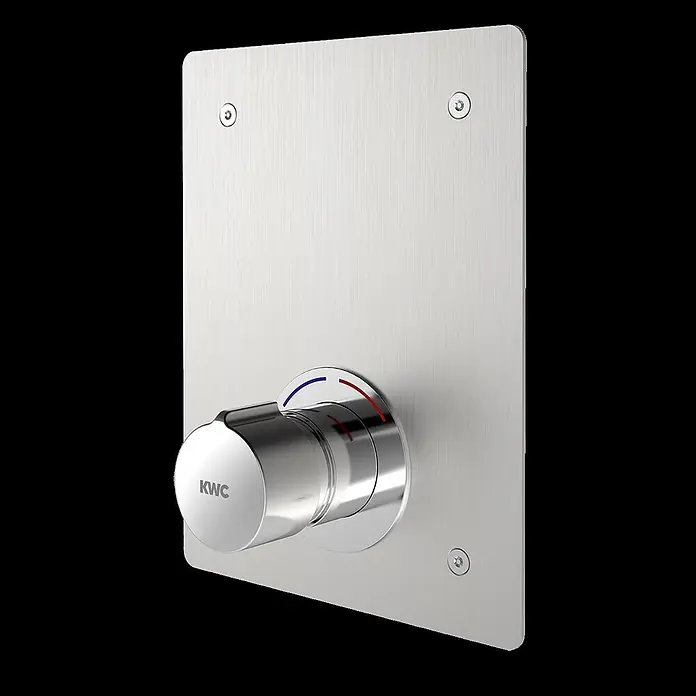 KWC Waschbecken KWC -  - Gebürsteter Duschthermostat zur Wandmontage mit Chrom-Temperaturregler, rot/blau-Anzeigen und KWC-Logo.