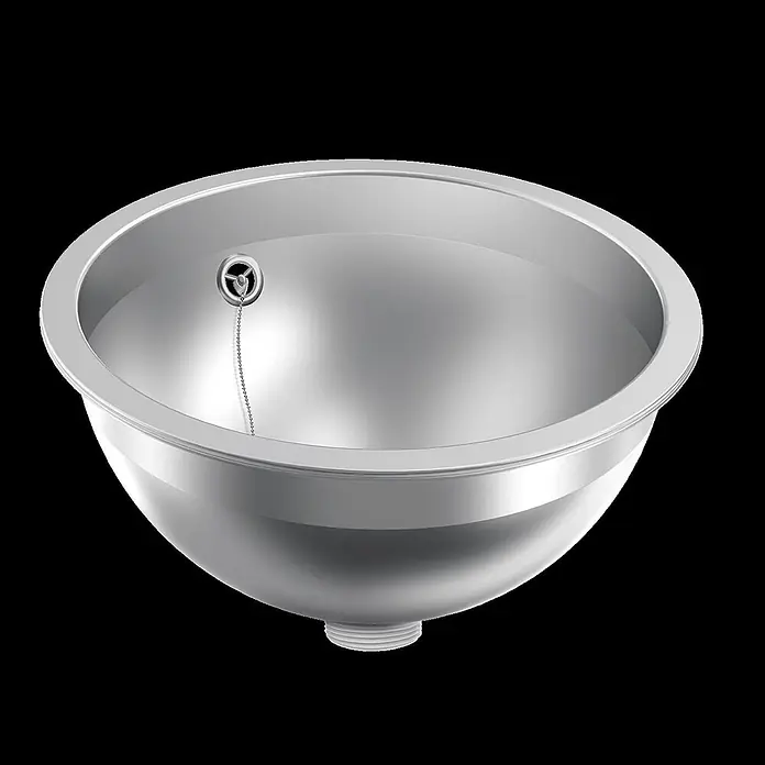 KWC Waschbecken KWC -  - Silbernes ovales Waschbecken aus Metall mit Abfluss und Kettenstöpsel.