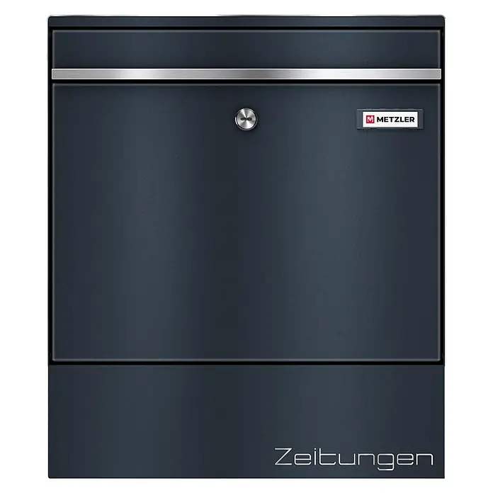 Metzler Zeitungsbox BK 212 - Anthrazit - Anthrazitfarbener Metallbriefkasten mit silberner Zierleiste und "Zeitungen"-Fach, ausgestattet mit Schloss und Markenlogo.
