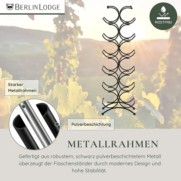 Berlinlodge Flaschenregal Weinregal HxBxT 68x25x15,5 cm 12 Flaschen Metall Schwarz - Metall, Anzahl Böden: 6 Stk. - Schwarzes, rostfreies Flaschenregal aus pulverbeschichtetem Metall, in einem Weinberg.