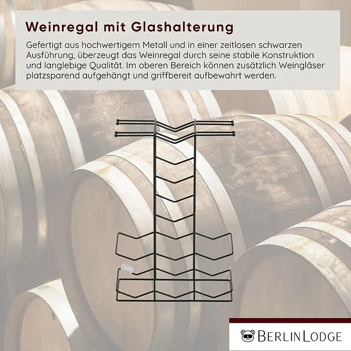 Berlinlodge Flaschenregal Weinregal Barossa & Glashalter 42x28x14 cm 9 Flaschen Schwarz - Metall, Anzahl Böden: 5 Stk. - Schwarzes Weinregal aus Metall mit integrierter Glashalterung, vor Weinfässern. Bietet Platz für Flaschen und hängt Weingläser platzsparend auf.
