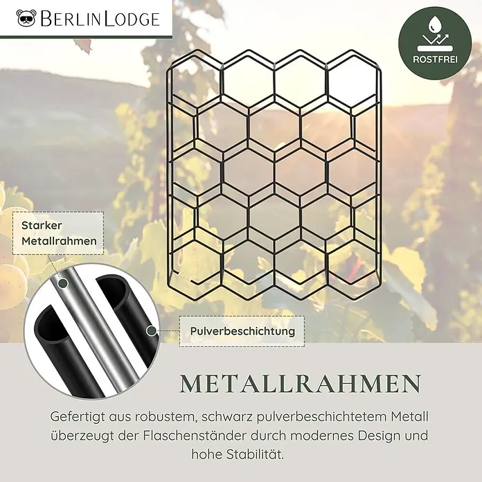 Berlinlodge Flaschenregal Weinregal HxBxT 50,8x44x14 cm 21 Flaschen Metall Schwarz - Metall, Anzahl Böden: 6 Stk. - Schwarzes Metall-Weinregal mit hexagonalen Fächern, pulverbeschichtet und rostfrei, vor verschwommenem Weinberg-Hintergrund.