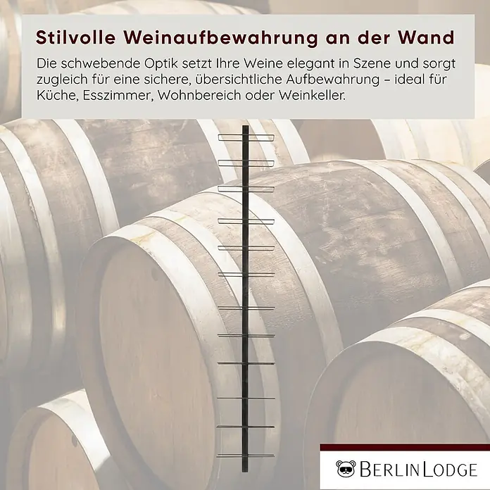 Berlinlodge Flaschenregal Weinregal Wandregal 162x26x9,5 cm 12 Flaschen Schwarz - Metall, Anzahl Böden: 12 Stk. - Schwarzes Wand-Weinregal aus Metall, ideal zur eleganten und platzsparenden Flaschenaufbewahrung.