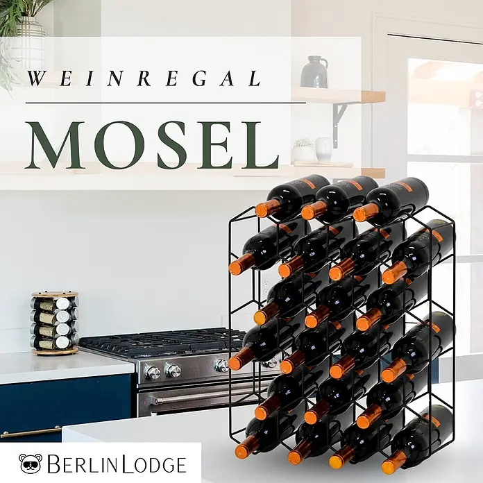 Berlinlodge Flaschenregal Weinregal HxBxT 50,8x44x14 cm 21 Flaschen Metall Schwarz - Metall, Anzahl Böden: 6 Stk. - Schwarzes geometrisches Weinregal aus Metall, das mehrere Flaschen in einer modernen Küche hält. Zeigt Wein horizontal an.