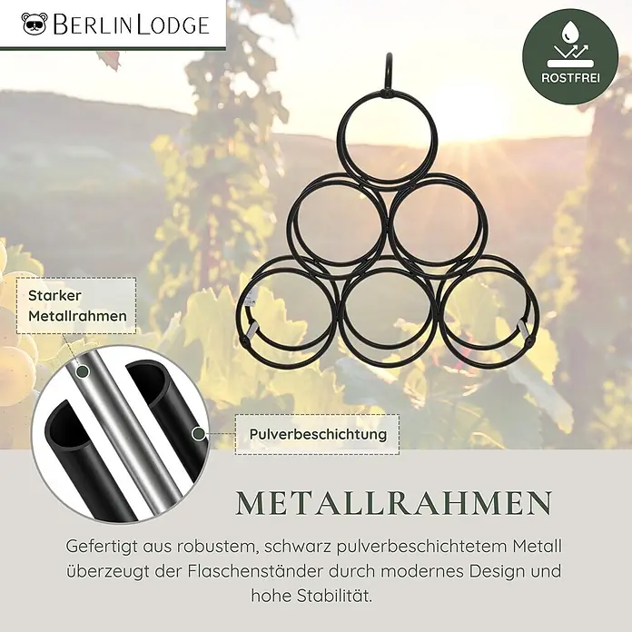 Berlinlodge Flaschenregal Weinregal Mosel & Griff HxBxT 28x31,5x16 cm 6 Flaschen Schwarz - Metall, Anzahl Böden: 3 Stk. - Schwarz, robustes, pulverbeschichtetes Metall-Weinregal für 6 Flaschen, rostfrei und stabil, vor Weinbergkulisse.