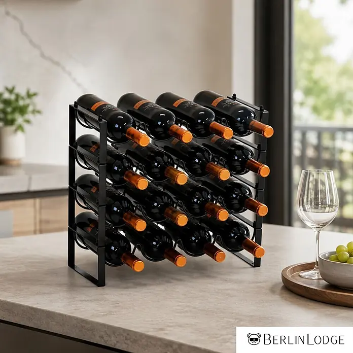 Berlinlodge Flaschenregal Weinregal Barossa Modular 40x43,5x17 cm 12 Flaschen Schwarz - Metall, Anzahl Böden: 3 Stk. - Schwarzes Metall-Weinregal mit 12 dunklen Weinflaschen auf einer Küchentheke neben Weinglas und Trauben.