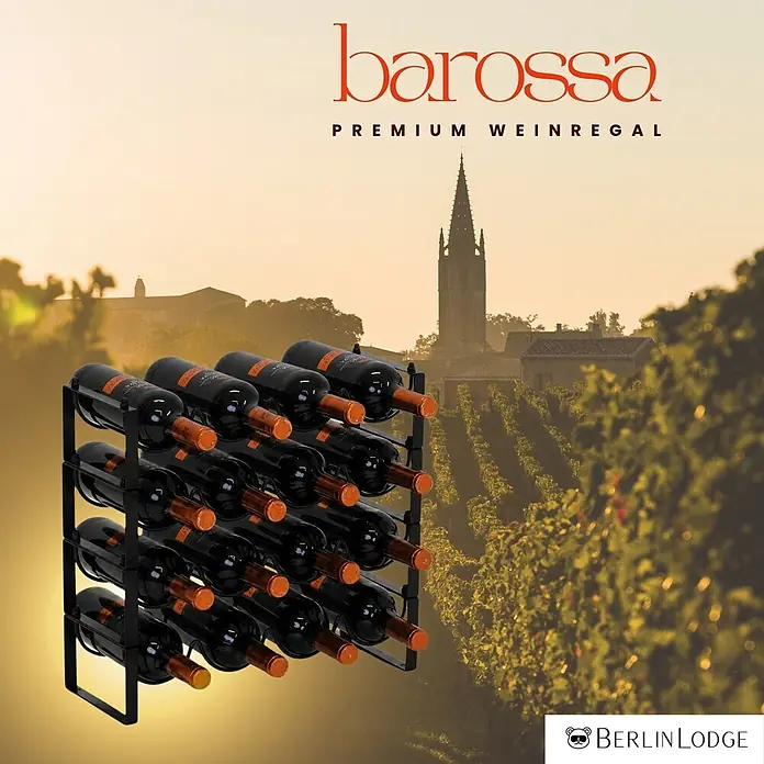 Berlinlodge Flaschenregal Weinregal Barossa Modular 40x43,5x17 cm 12 Flaschen Schwarz - Metall, Anzahl Böden: 3 Stk. - Schwarzes Weinregal aus Metall, gefüllt mit Weinflaschen, in einem Weinberg präsentiert.