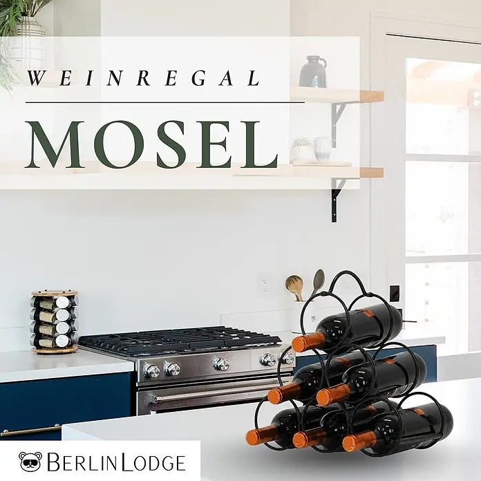 Berlinlodge Flaschenregal Weinregal Mosel & Griff HxBxT 28x31,5x16 cm 6 Flaschen Schwarz - Metall, Anzahl Böden: 3 Stk. - Schwarzes Weinregal aus Metall auf einer Küchenzeile, das sechs Weinflaschen ordentlich hält.
