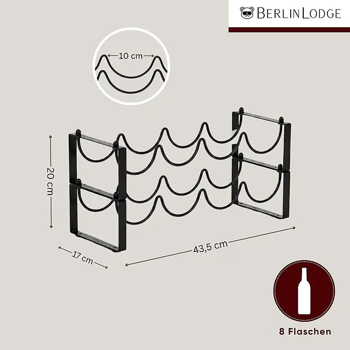Berlinlodge Flaschenregal Weinregal Barossa Modular 20x43,5x17 cm 8 Flaschen Schwarz - Metall, Anzahl Böden: 2 Stk. - Schwarzes Metall-Weinregal, 20x43,5x17 cm, für 8 Flaschen.