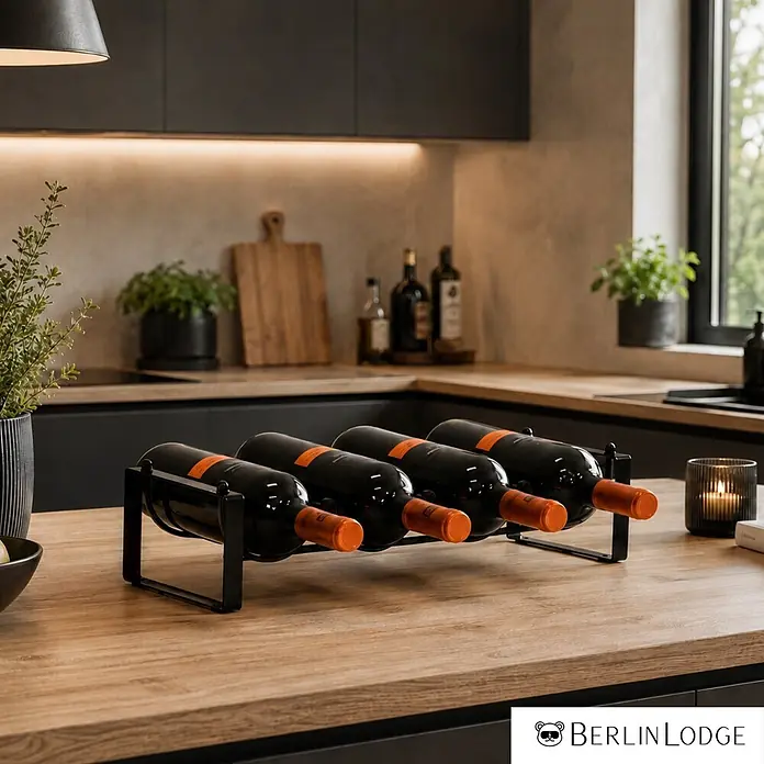 Berlinlodge Flaschenregal Weinregal Barossa Modular 10x43,5x17 cm 4 Flaschen Schwarz - Metall, Anzahl Böden: 1 Stk. - Schwarzes Weinregal aus Metall auf einer Holzküchenarbeitsplatte mit vier Rotweinflaschen.