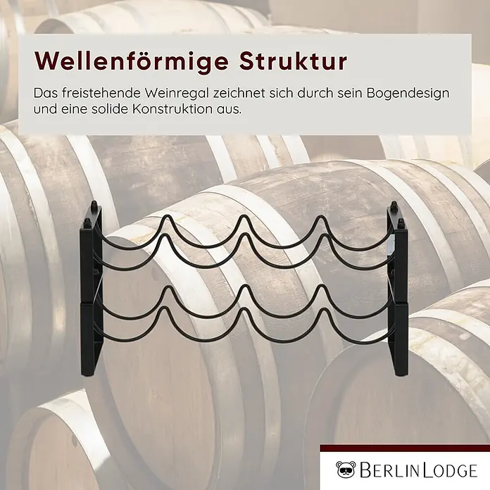 Berlinlodge Flaschenregal Weinregal Barossa Modular 20x43,5x17 cm 8 Flaschen Schwarz - Metall, Anzahl Böden: 2 Stk. - Schwarzes freistehendes Metall-Weinregal mit wellenförmiger Struktur.