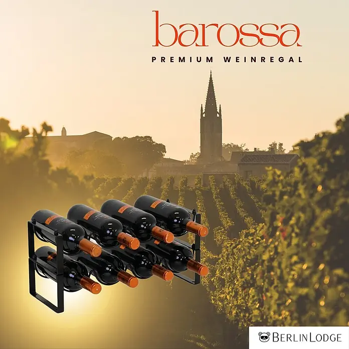 Berlinlodge Flaschenregal Weinregal Barossa Modular 20x43,5x17 cm 8 Flaschen Schwarz - Metall, Anzahl Böden: 2 Stk. - Schwarzes Weinregal aus Metall mit acht Weinflaschen vor malerischer Weinbergszene.