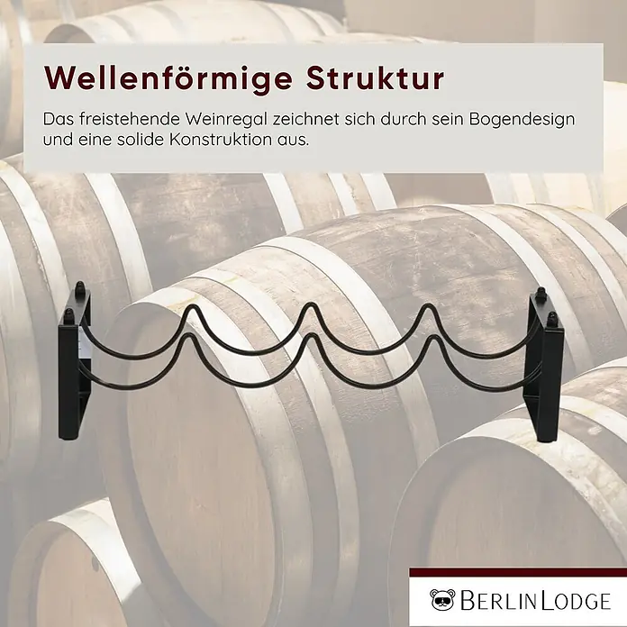 Berlinlodge Flaschenregal Weinregal Barossa Modular 10x43,5x17 cm 4 Flaschen Schwarz - Metall, Anzahl Böden: 1 Stk. - Schwarzes Metall-Weinregal mit wellenförmigem Design, zur Flaschenlagerung. Abgebildet in Weinkeller mit Fässern.