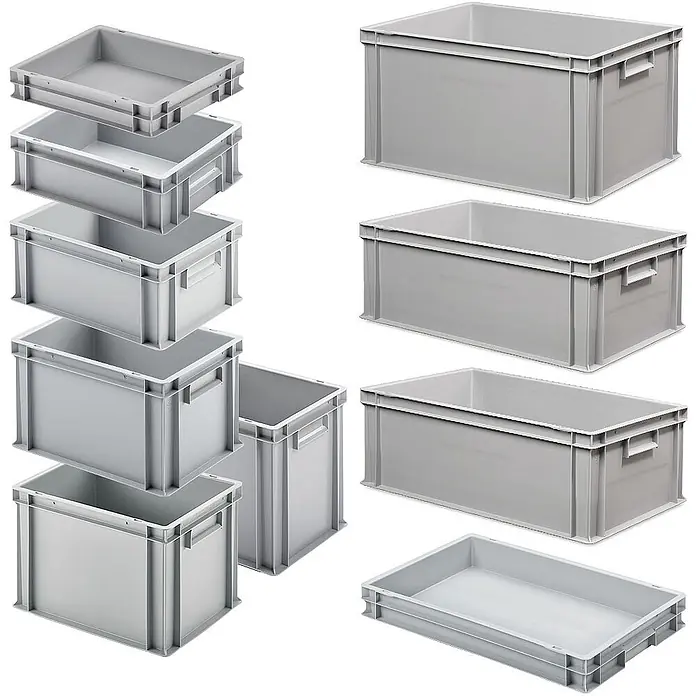 BRB Set mit 10 Eurobehältern in 9 versch. Größen/Höhen, 6x 400x300 / 4x 600x400 mm, grau -  - Graue Kunststoff-Stapelboxen in verschiedenen Größen und Konfigurationen zur Organisation und zum Transport.