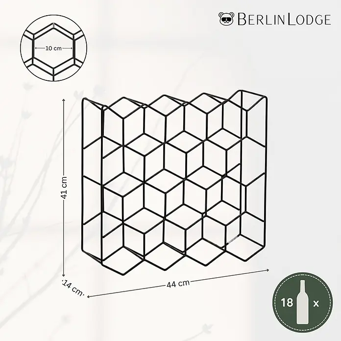 Berlinlodge Flaschenregal Weinregal Mosel HxBxT 41,2x44x14 cm 18 Flaschen Metall Schwarz - Metall, Anzahl Böden: 4 Stk. - Schwarzes Weinregal aus Metall im geometrischen Wabenmuster, 41x44x14 cm, fasst 18 Flaschen.