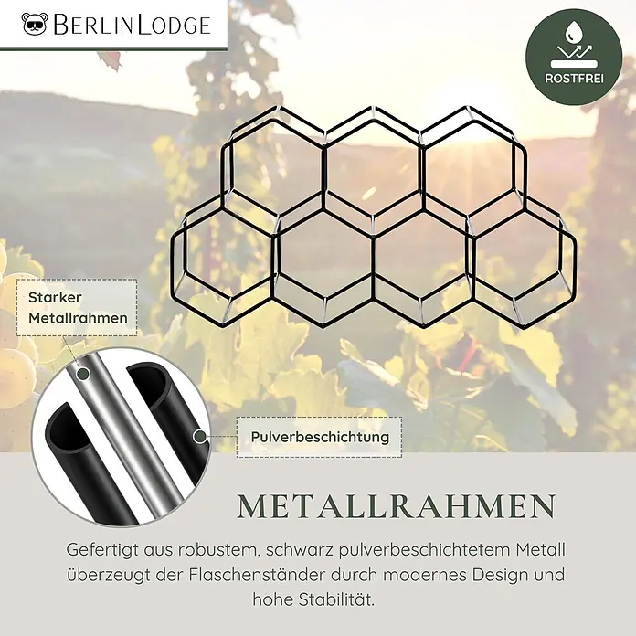 Berlinlodge Flaschenregal Weinregal HxBxT 19,3x36,8x19,3 cm 7 Flaschen Schwarz - Metall, Anzahl Böden: 3 Stk. - Schwarzes Metall-Weinregal mit modernem Design vor Weinbergkulisse. Robuster, pulverbeschichteter, rostfreier Rahmen für hohe Stabilität.