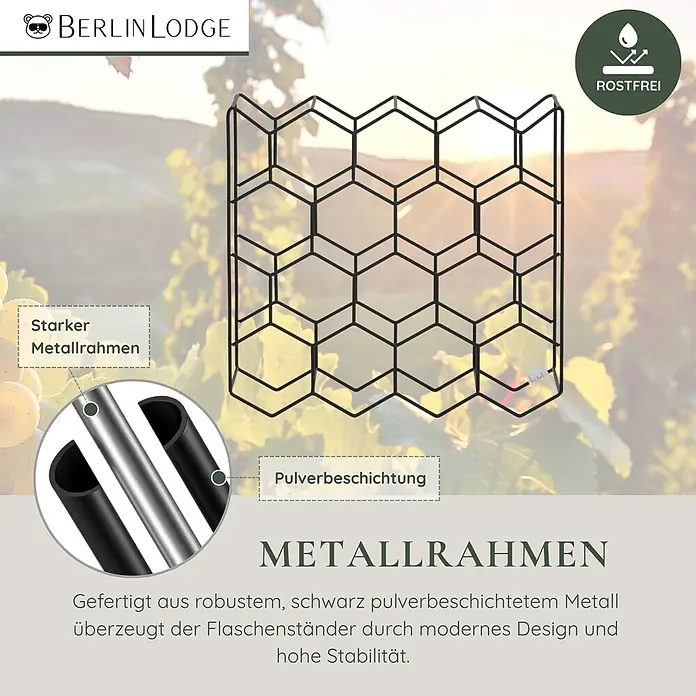 Berlinlodge Flaschenregal Weinregal Mosel HxBxT 41,2x44x14 cm 18 Flaschen Metall Schwarz - Metall, Anzahl Böden: 4 Stk. - Robuster schwarzer Weinflaschenständer aus Metall mit Wabenmuster, pulverbeschichtet und rostfrei.