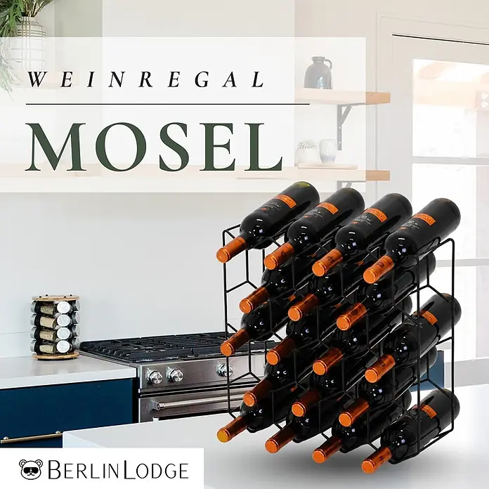 Berlinlodge Flaschenregal Weinregal Mosel HxBxT 41,2x44x14 cm 18 Flaschen Metall Schwarz - Metall, Anzahl Böden: 4 Stk. - Schwarzes Metall-Weinregal Mosel mit mehreren Rotweinflaschen auf einer Küchentheke. Hält 24 Flaschen.