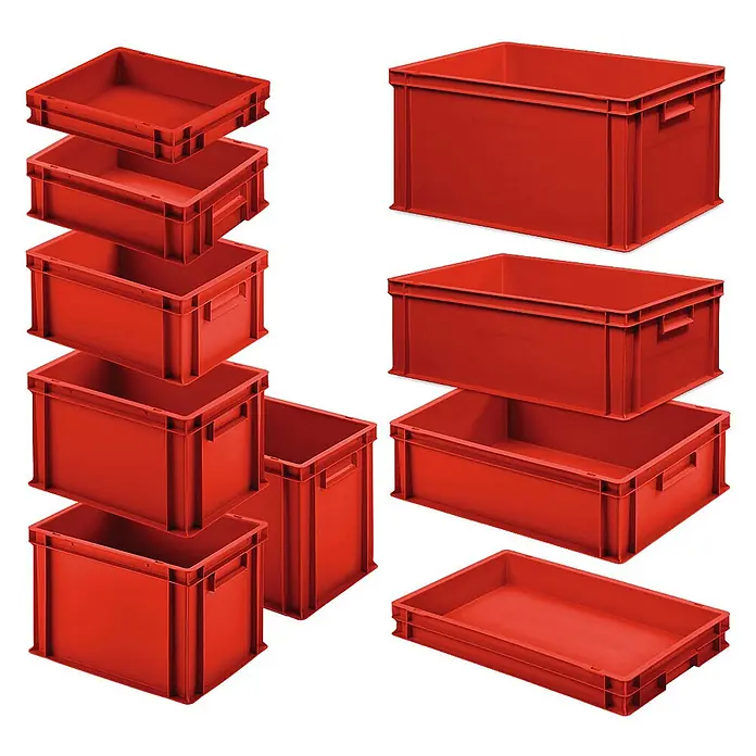 BRB Set mit 10 Eurobehältern in 10 versch. Größen/Höhen, 6x 400x300 / 4x 600x400 mm, rot -  - Eine Sammlung roter Kunststoff-Lagerboxen in verschiedenen Größen, teils gestapelt, teils einzeln.