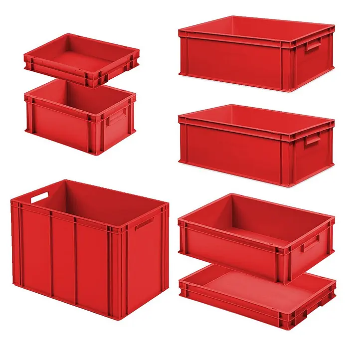BRB Set mit 7 Eurobehältern in 6 versch. Größen/Höhen, 2x 400x300 / 5x 600x400 mm, rot -  - Set roter Stapel- und Nestkästen aus Kunststoff für die Lagerung.