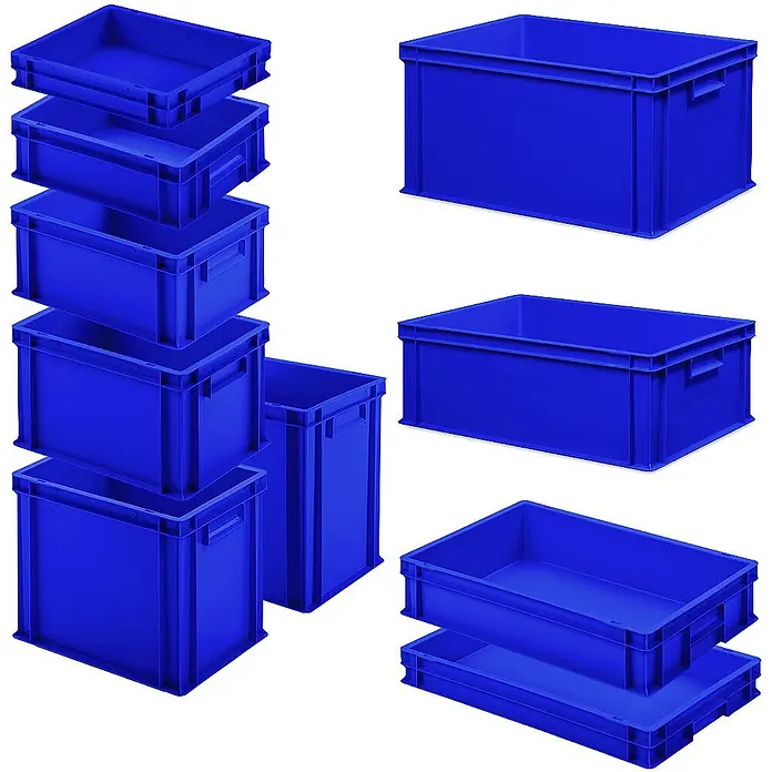 BRB Set mit 10 Eurobehältern in 10 versch. Größen/Höhen, 6x 400x300 / 4x 600x400 mm, blau -  - Stapelbare blaue Kunststoff-Lagerbehälter in verschiedenen Größen.