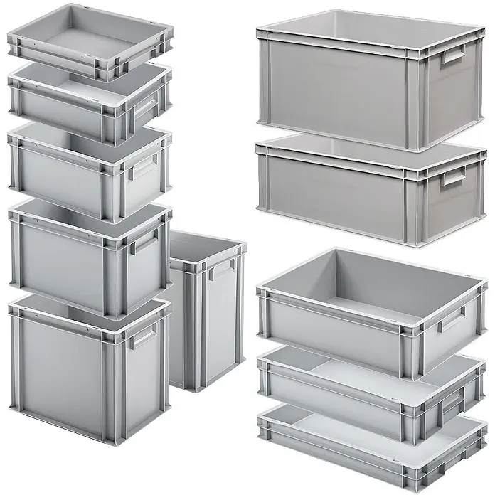 BRB Set mit 11 Eurobehältern in 11 versch. Größen/Höhen, 6x 400x300 / 5x 600x400 mm, grau -  - Graue, stapelbare und ineinandersteckbare Kunststoff-Lagerbehälter in verschiedenen Größen.