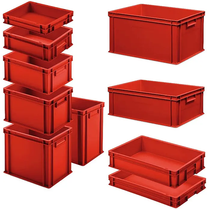 BRB Set mit 10 Eurobehältern in 10 versch. Größen/Höhen, 6x 400x300 / 4x 600x400 mm, rot -  - Stapelbare rote Kunststoff-Lagerbehälter und Kisten in verschiedenen Größen.