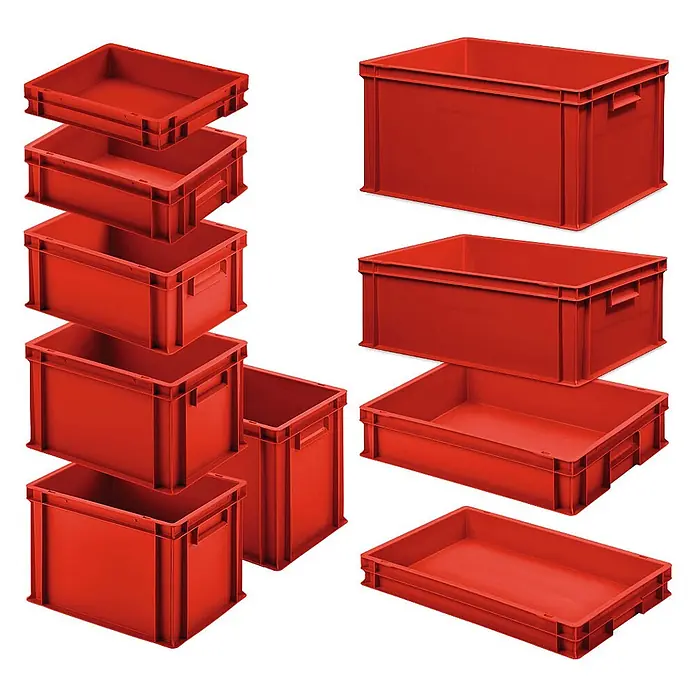 BRB Set mit 10 Eurobehältern in 10 versch. Größen/Höhen, 6x 400x300 / 4x 600x400 mm, rot -  - Verschiedene rote, stapelbare Kunststoff-Lagerboxen in unterschiedlichen Größen.
