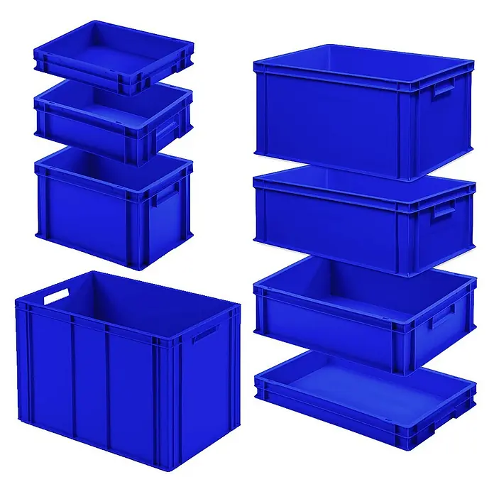 BRB Set mit 8 Eurobehältern, 3x 400x300 / 5x 600x400 mm, blau -  - Blaue Kunststoff-Lagerboxen in verschiedenen Größen, gestapelt und ineinander verschachtelt, um ihr modulares Design zu zeigen.
