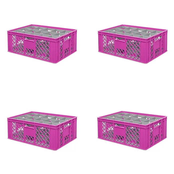BRB 4x Gläserkiste 600x400 mm für 15 Gläser bis 205 mm Höhe/Durchmesser 109 mm, pink -  - Vier pinkfarbene Spülkörbe aus Kunststoff mit grauen Fächern für Gläser.