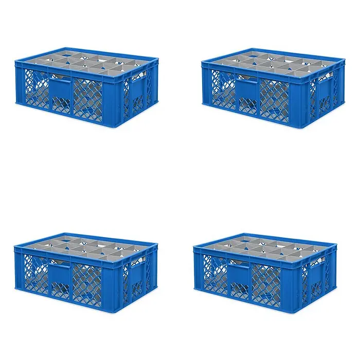 BRB 4x Gläserkiste 600x400 mm für 15 Gläser bis 205 mm Höhe/Durchmesser 109 mm, blau -  - Blaue Kunststoffkiste mit grauen Fächern für Gläser.
