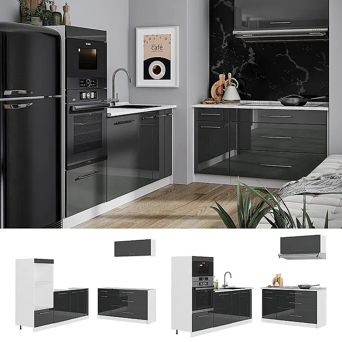 Vicco Küchenzeile - Breite: 340 cm, Anthrazit Hochglanz, Ohne Elektrogeräte - Moderne dunkelgraue Hochglanz-Modulküche mit integrierten Geräten.
