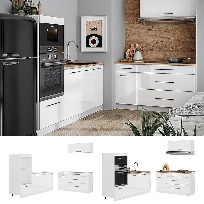 Vicco Küchenzeile - Breite: 340 cm, Weiß Hochglanz, Ohne Elektrogeräte - Weiße Hochglanz-Küchenmöbel mit Holz-Arbeitsplatten und integrierten Geräten, in einer modernen Küche gezeigt.