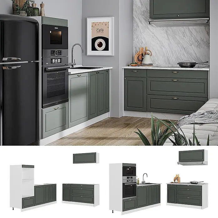 Vicco Küchenzeile - Breite: 340 cm, Grün-Gold Landhaus, Ohne Elektrogeräte - Modernes, modulares Küchensystem mit dunkelgrünen Schränken, integrierten Geräten und Arbeitsplatten, montiert und als Einzelmodule gezeigt.