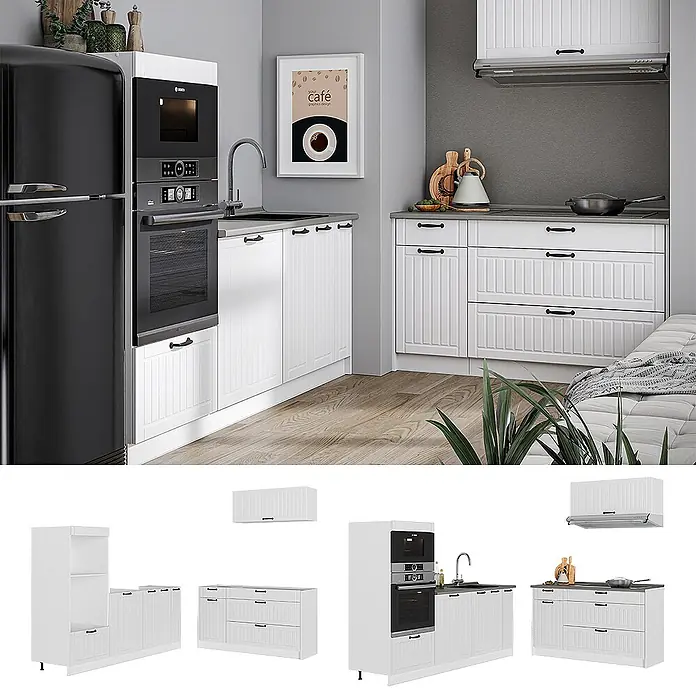 Vicco Küchenzeile - Weiß Landhaus, Ohne Elektrogeräte - Weiße modulare Küchenmöbel mit schwarzen Griffen und integrierten Geräten in einer kompletten Kücheneinrichtung.