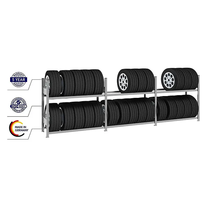Proregal Reifenregal TIRE PRO - H x B x T: 115 x 390 x 43 cm, Stecken, Verzinkt - Zweistufiges Reifenregal aus grauem Metall, mit schwarzen Reifen, teilweise mit silbernen Felgen.