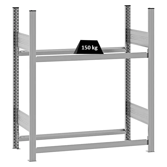 Proregal Reifenregal TIRE PRO - H x B x T: 115 x 100 x 43 cm, Stecken, Verzinkt - Graues Metall-Industrieregal mit zwei Ablagen, eine davon mit 150 kg Gewicht beladen.