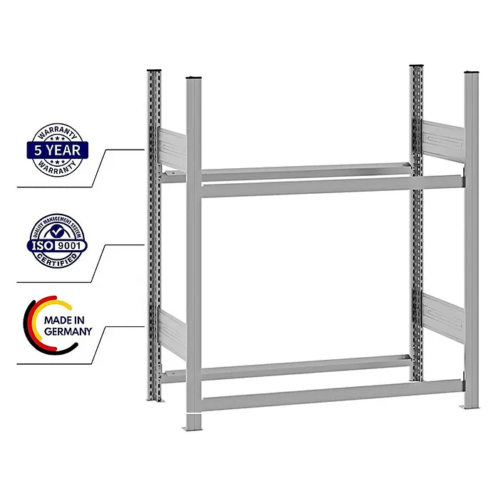 Proregal Reifenregal TIRE PRO - H x B x T: 115 x 100 x 43 cm, Stecken, Verzinkt - Silbergraues Metallregalgestell mit zwei Ebenen horizontaler Streben und perforierten Ständern für verstellbare Fachböden.