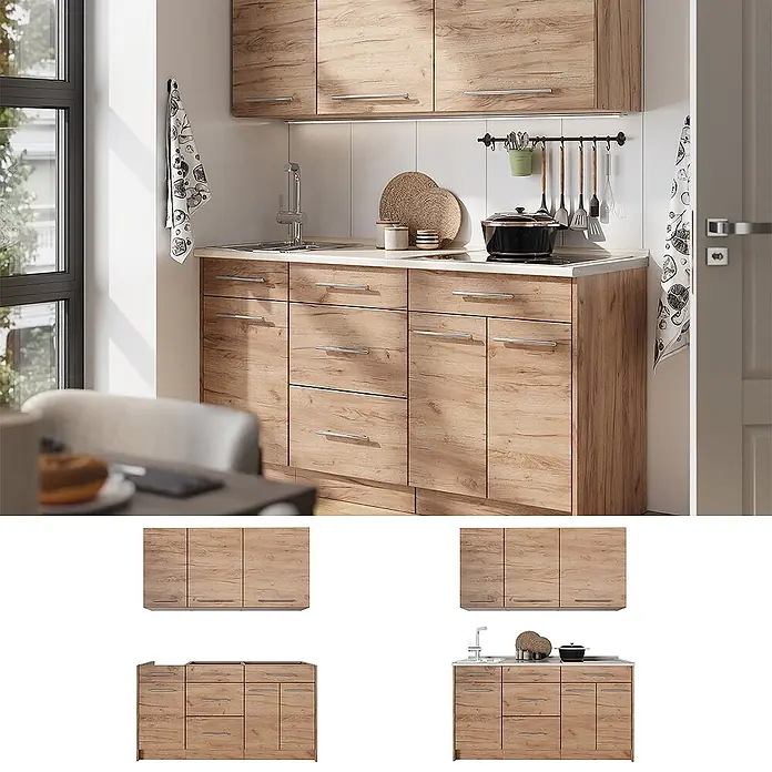Vicco Singleküche - Goldkraft Eiche, Mit AP Marmor