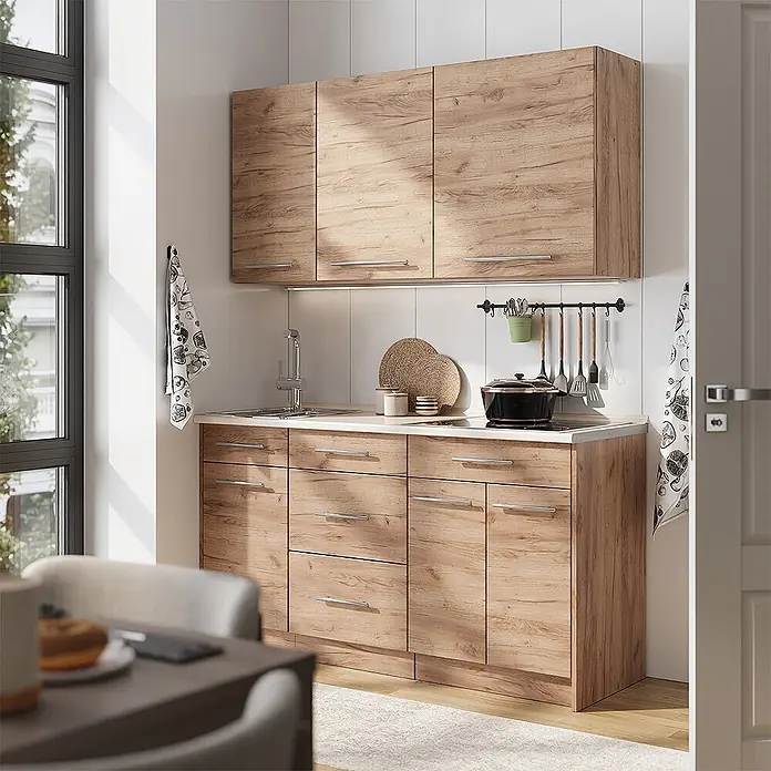Vicco Singleküche - Goldkraft Eiche, Mit AP Marmor