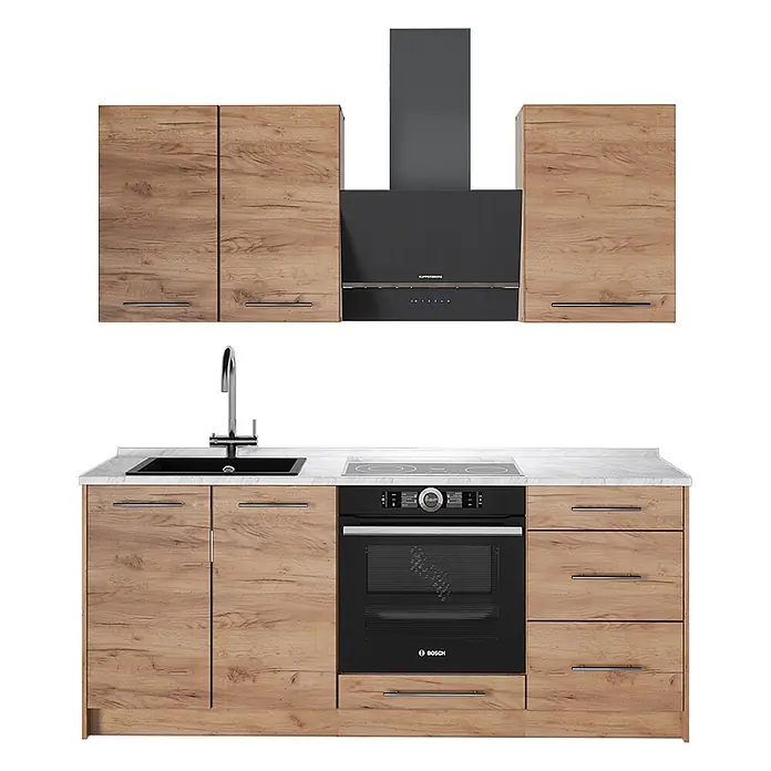 Vicco Singleküche - Breite: 190 cm, Goldkraft Eiche, Mit AP Marmor - Moderne Küchenzeile mit hellen Holzfronten, schwarzen Geräten (Backofen, Kochfeld, Spüle, Dunstabzugshaube) und weißer Marmor-Arbeitsplatte.