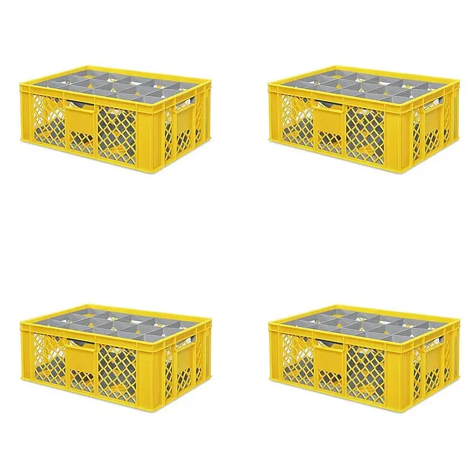 BRB 4x Gläserkiste 600x400 mm für 15 Gläser bis 205 mm Höhe/Durchmesser 109 mm, gelb -  - Gelbe Kunststoff-Gläserkiste mit grauen Unterteilungen zum Spülen und Lagern.