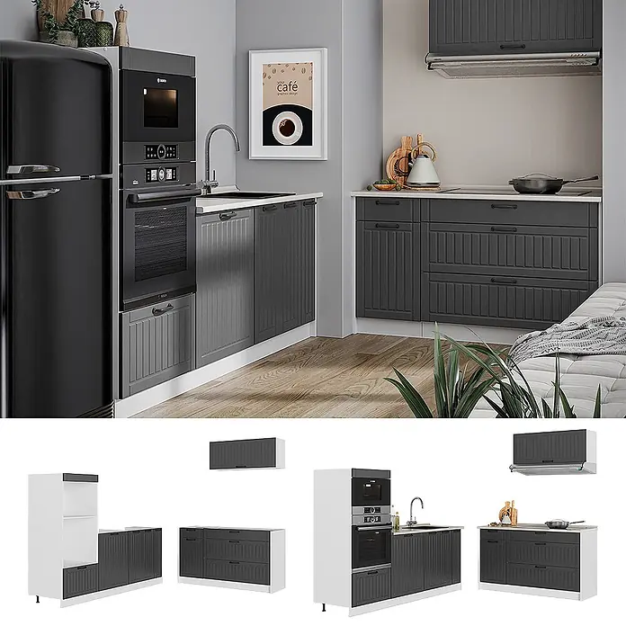 Vicco Küchenzeile - Breite: 340 cm, Dunkelgrau, Ohne Elektrogeräte - Dunkelgraue Küchenschränke mit Kassettentüren und -schubladen in einer modernen Küche, modular aufgebaut mit integrierten Geräten.